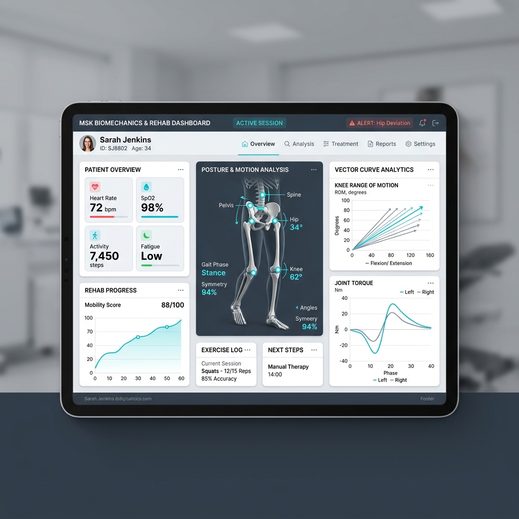 Clinicians reviewing biomechanics monitoring dashboard screen